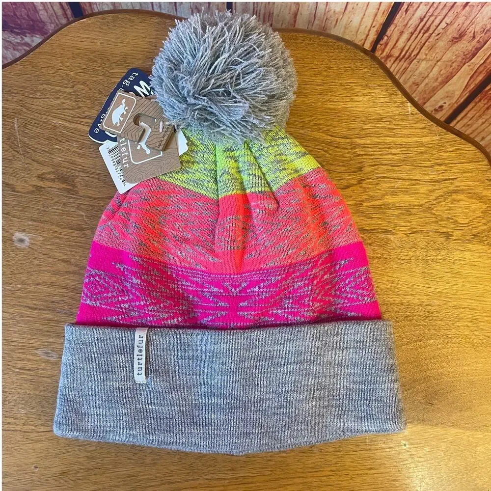 NWT Turtle Fur Meadow Kids Knit Beanie Gray/Hot Pink/Orange/Yellow Puff Ball